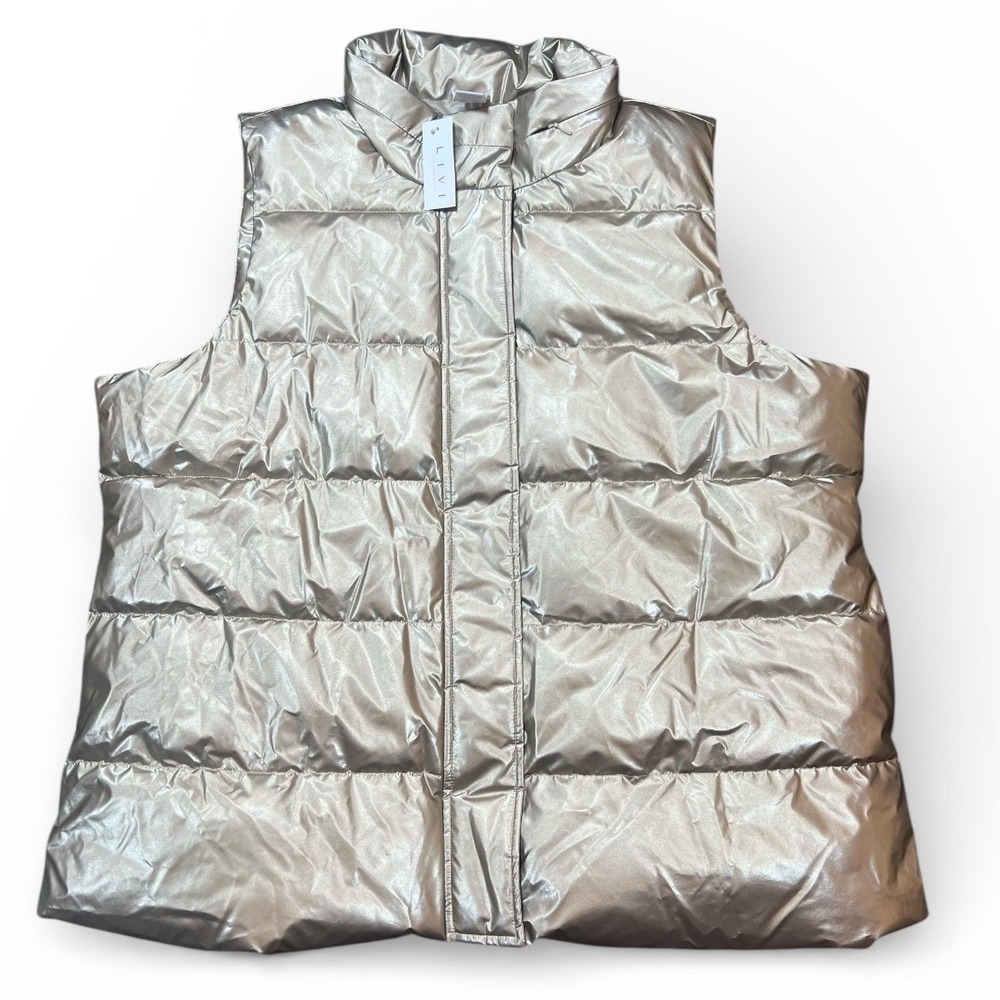 NWT LIVI Puffer Vest Metallic‎ Champagne Gold Quilted Full Zip Hood Size 22/24